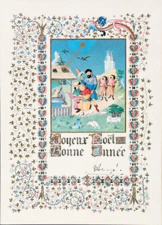 Hergé Tintin Carte voeux Enluminure 1967 signée
