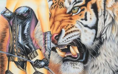 Blavier aquarelle guêpière cravache et le tigre