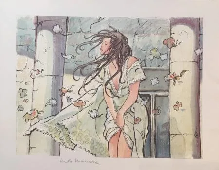 Manara Caresse vent d'automne Offset signé cadre