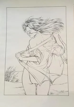 Osi illustration encre Chine fille plage n° 3