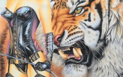 Blavier aquarelle guêpière cravache et le tigre